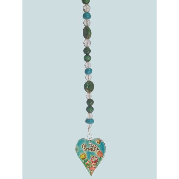 Artisan Ceramic Heart Suncatcher Says Breathe Ceramic Beads Clear Faceted Glass - Picture 14 of 15